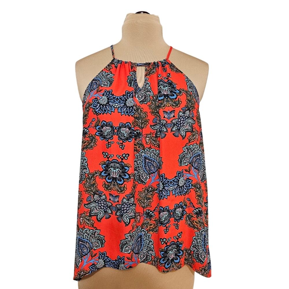 Collective Concepts Vibrant Orange Blue Floral Halter Tank Top XL Keyhole Summer